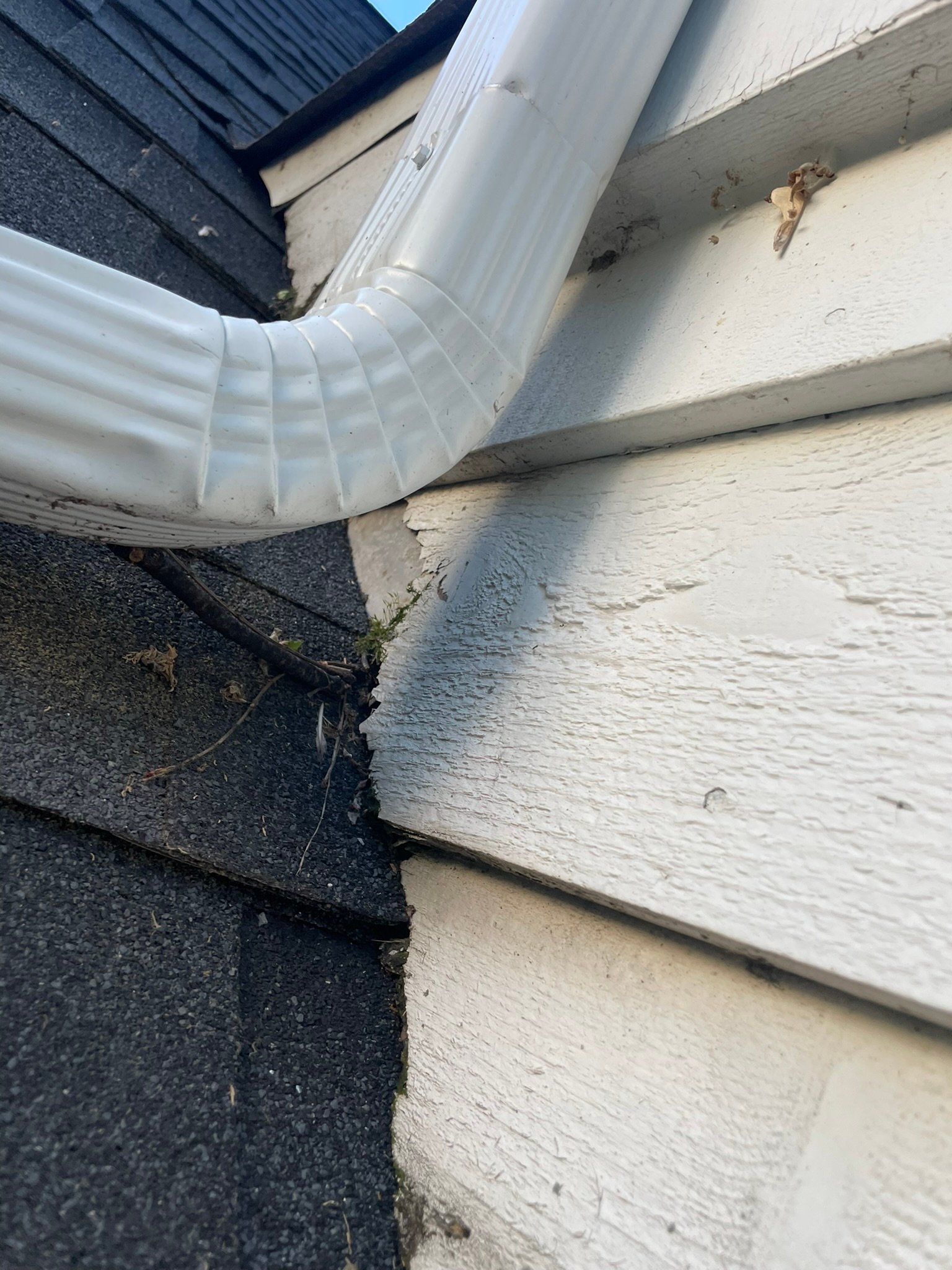 Wood rot and peeling paint on house siding near a downspout before repair in Lake County IL